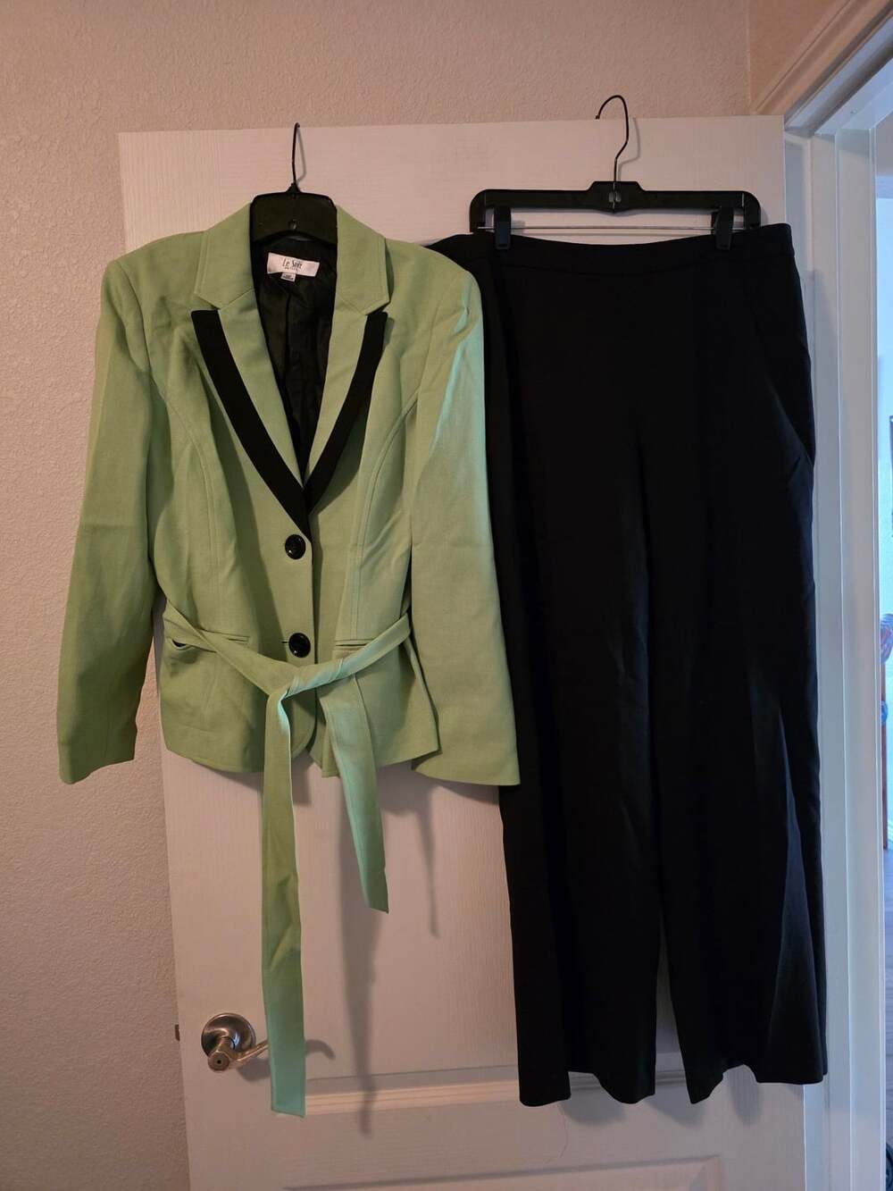 Le Suit Petite Pant Suit Size 14P Green Black Blazer Pants Career Wear